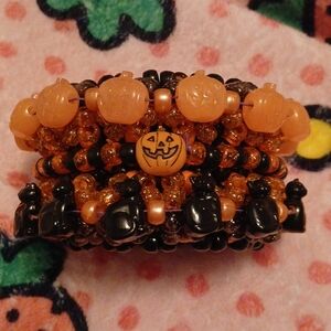 Halloween Beaded Kandi Bracelet with Pumpkins and Cats